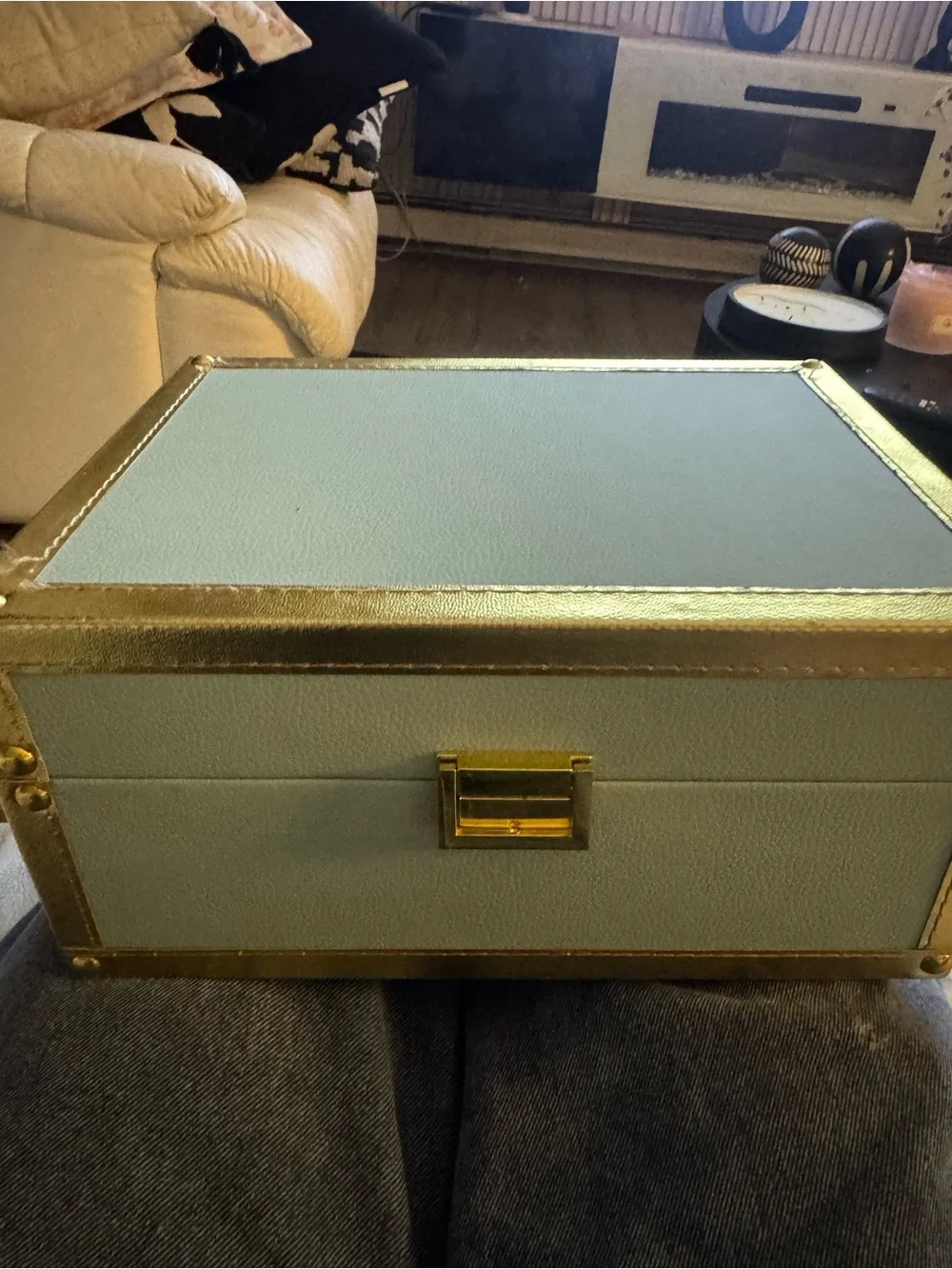 Gold-Trim Seafoam Green Jewelry Storage Box - Elegant Home Organizer